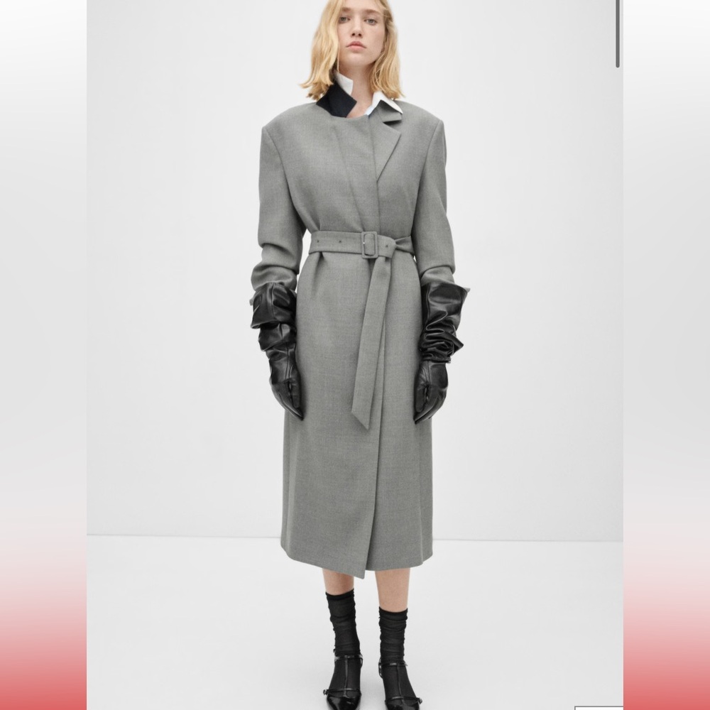 Mango Double Breasted Belted Gray Long Coat Size S M  Minimalist